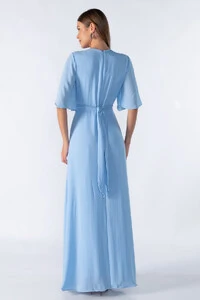Vestido longo manga curta decote em v com faixa