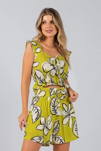 Blusa cropped viscose estampa gloral lastex na manga