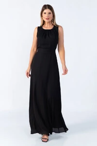 Vestido longo poliester gola franzida