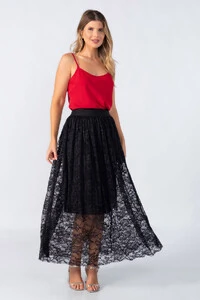 Saia midi em renda plissada