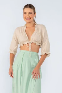 Blusa cropped amarracao frente e babado