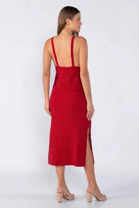 Vestido decote V alça em lurex