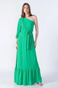 Vestido longo um ombro com babado