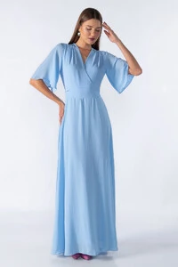Vestido longo manga curta decote em v com faixa