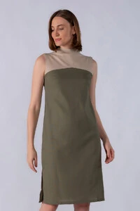 Vestido midi em viscolinho bicolor