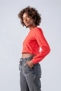 Blusa cropped malha laise manga longa