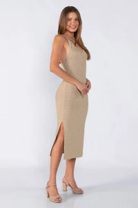 Vestido decote V alça em lurex