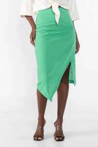 Saia midi assimetrica lacream em linho