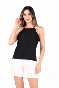 Blusa em algodao com babado decote fechado