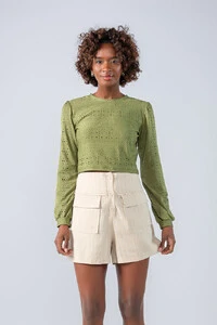 Blusa cropped malha laise manga longa