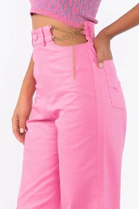 Calca sarja wide leg recorte e corrente no cos