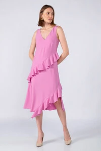 Vestido midi crepe com babados