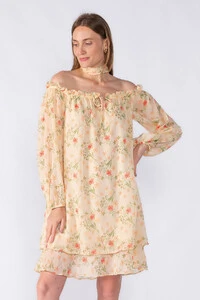 Vestido curto ombro a ombro em chiffon