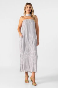 Vestido midi plissado tomara que caia