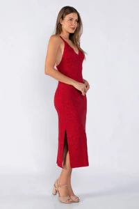 Vestido decote V alça em lurex