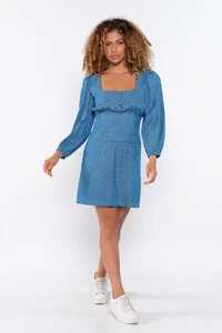Vestido curto jaquard decote quadrado detalhe botoes