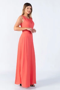 Vestido longo poliester gola franzida