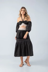 Saia midi em algodao e renda cos