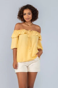 Blusa manga em viscose ombro a ombro com babado