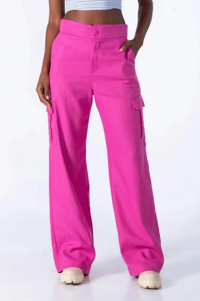 Foto Calca pantalona em linho com bolsos