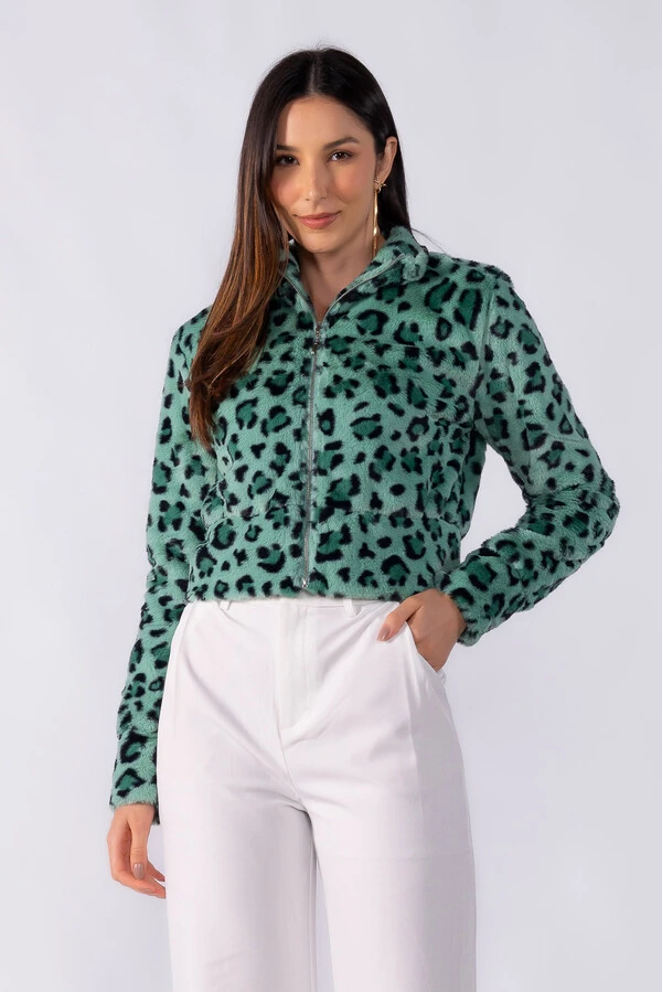 Casaco animal print curto ziper frontal