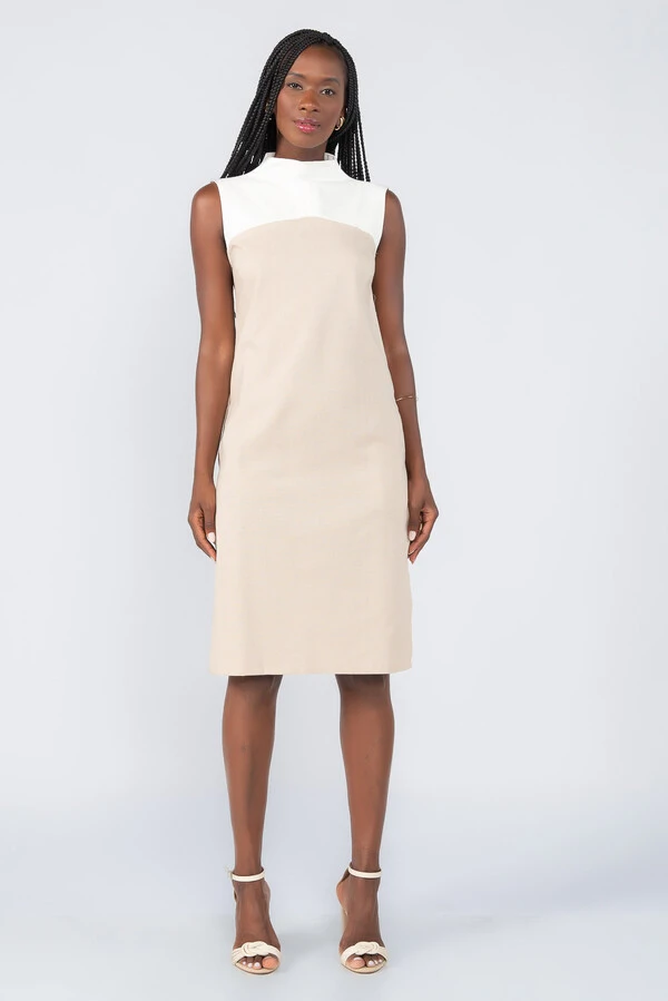 Vestido midi em viscolinho bicolor
