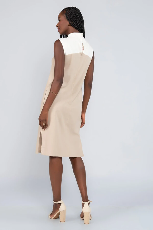 Vestido midi em viscolinho bicolor