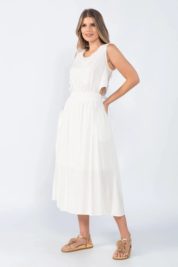 Vestido midi com elastico recorte nas costas