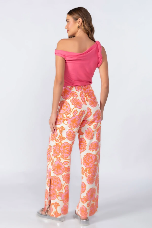 Calca pantalona em viscose com ziper