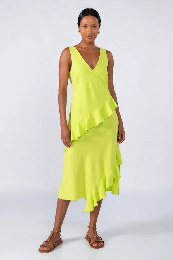 Vestido midi crepe com babados
