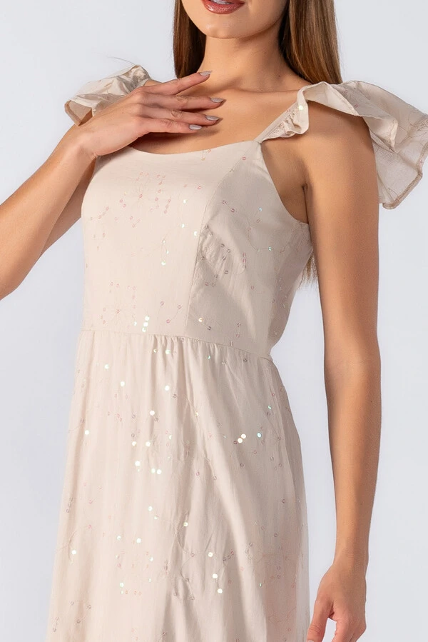 vestido longo babados na alça