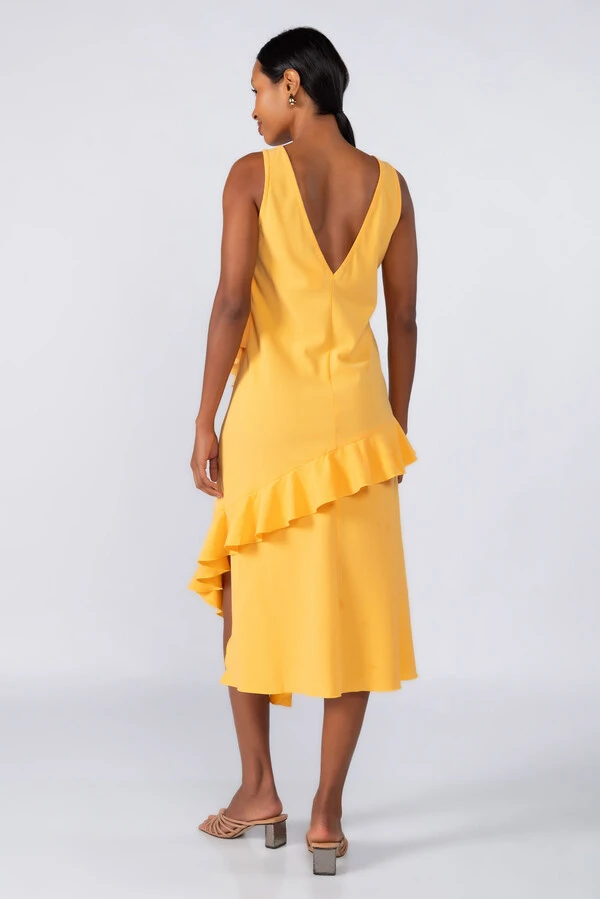 Vestido midi crepe com babados