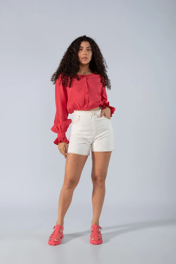 Blusa curta em viscose com elastico na barra e punho