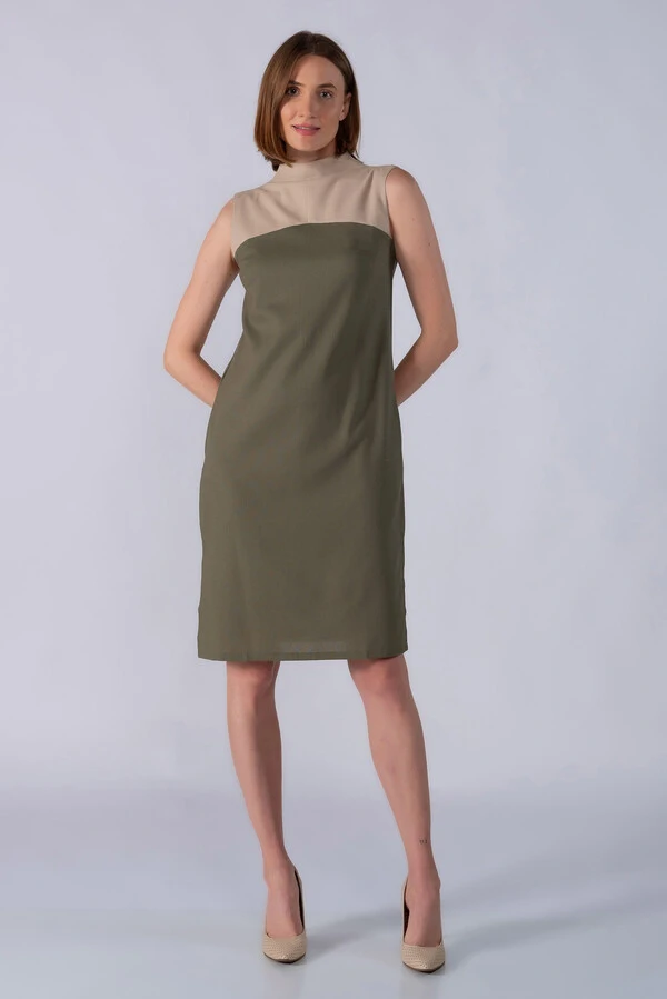 Vestido midi em viscolinho bicolor