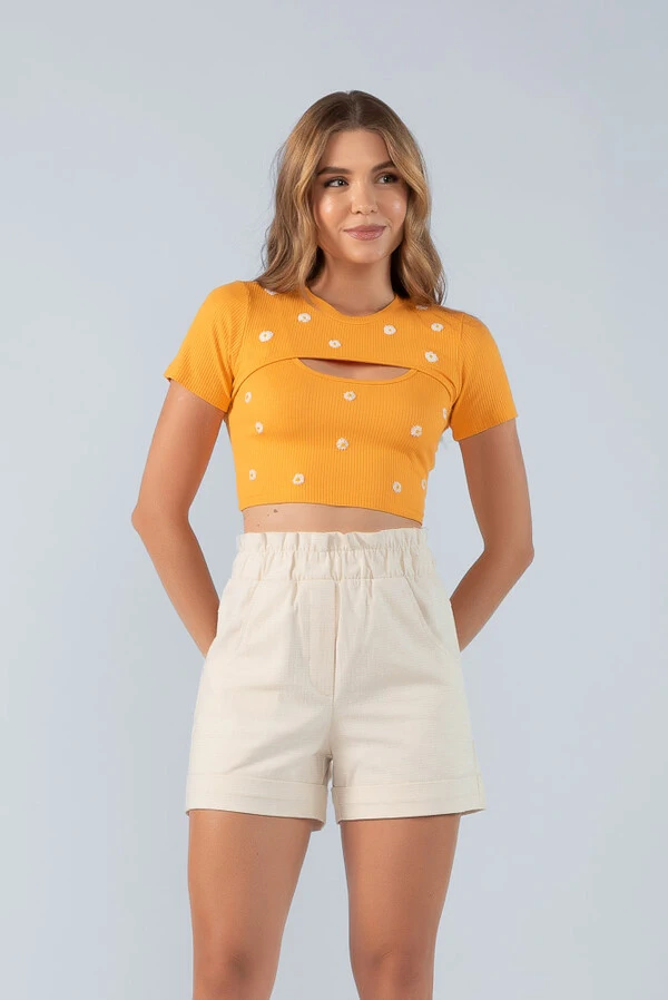 Conjunto cropped e top canelado bordado