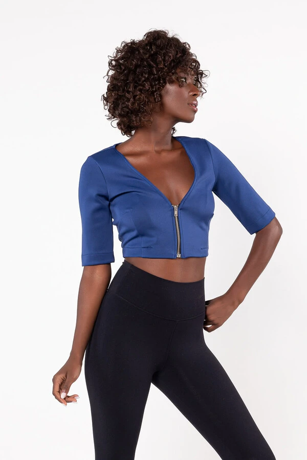 Cropped decote v com ziper frontal