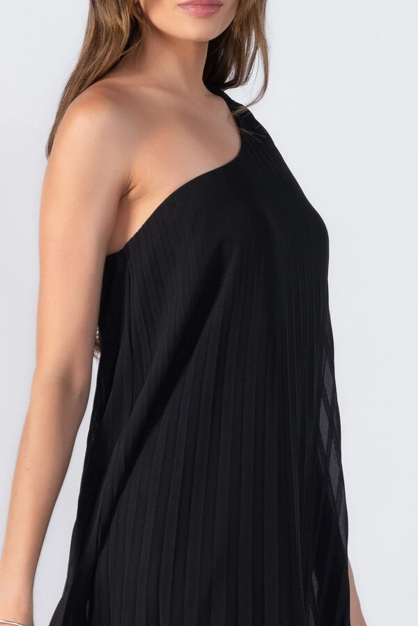Vestido plissado um ombro