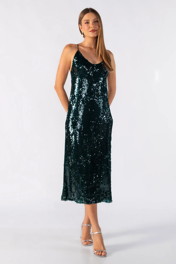 Vestido midi em paete frente unica