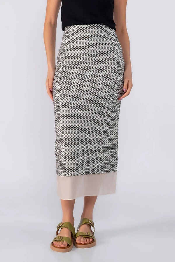 Saia midi jacquard com detalhe em organza