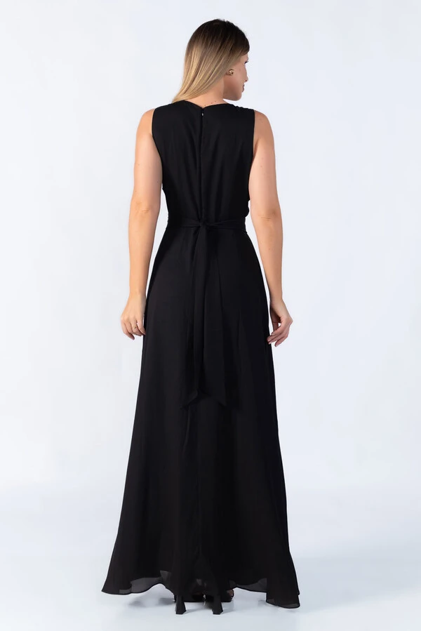Vestido longo poliester gola franzida