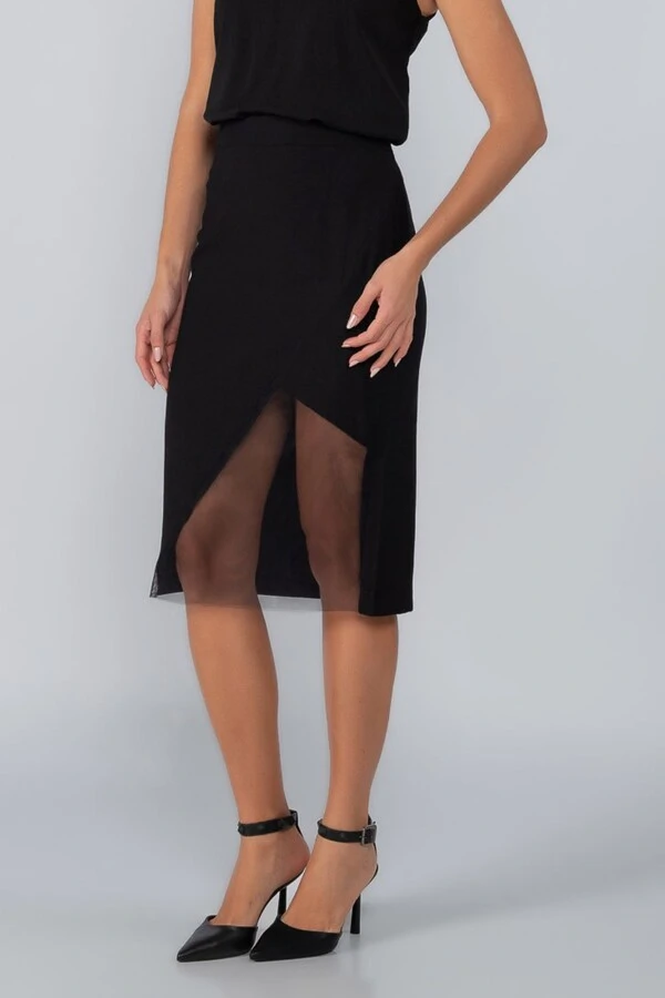 Saia midi em viscose detalhe em tule