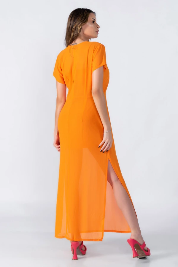 Vestido longo manga com fenda