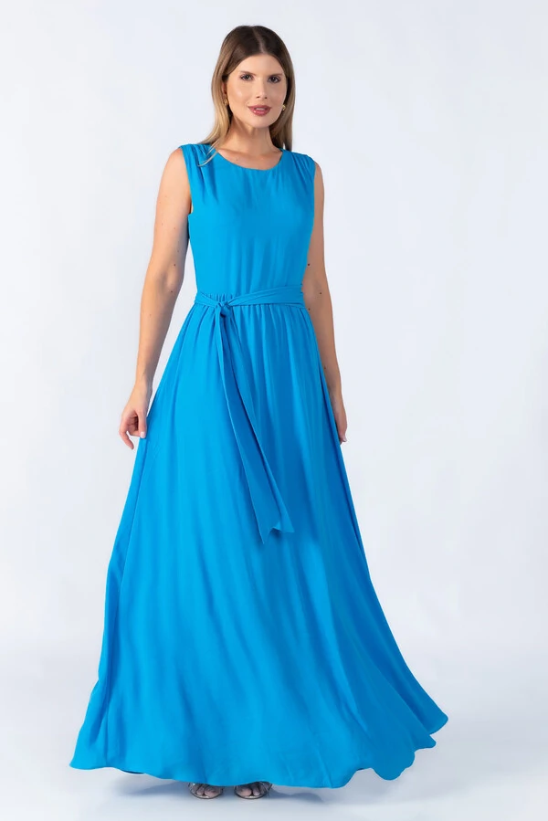 Vestido longo crepe detalhe ombro