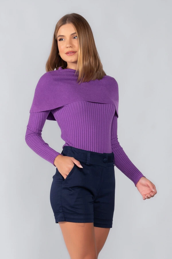 Blusa tricot gola ampla manga longa