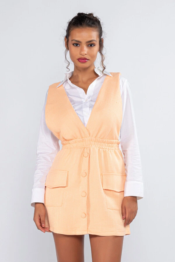 Jardineira tweed botoes elastico bolso