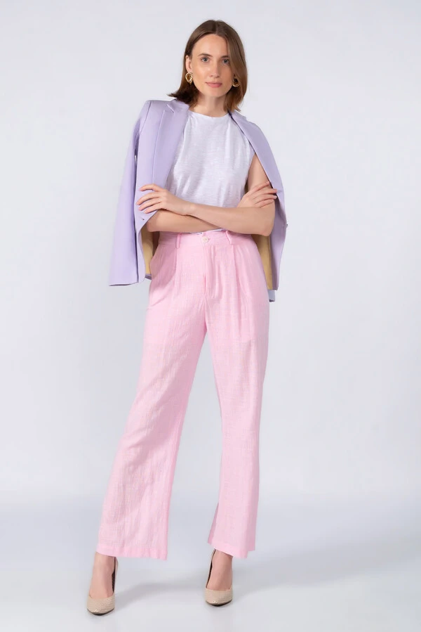 Calca pantalona em linho com pregas