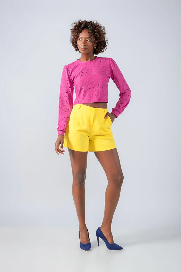 Blusa cropped malha laise manga longa