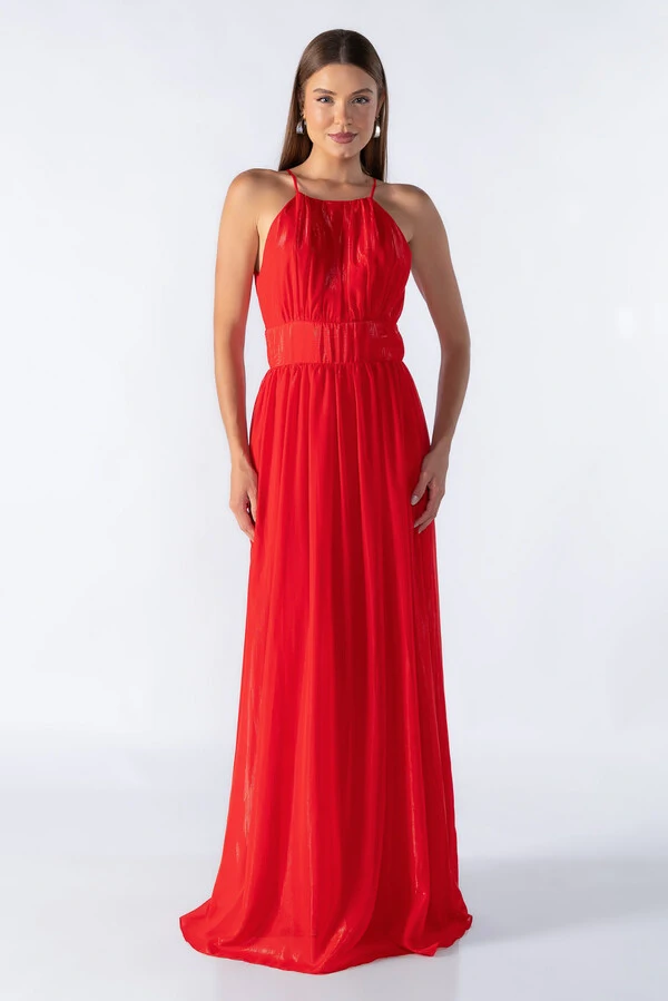 Vestido longo em lurex com decote franzido