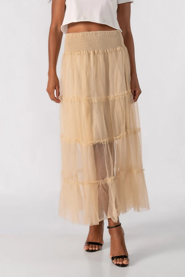 Saia longa de tule cos com lastex