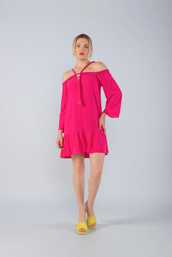 Vestido curto solto em vicose cordao ombro a ombro